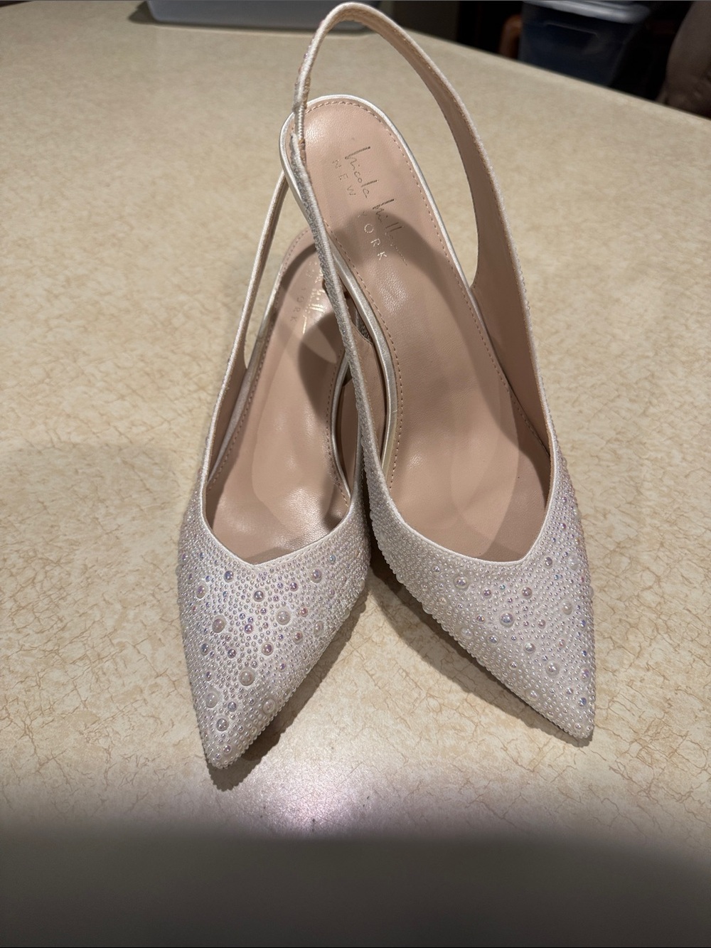 Nicole Miller Embellished Ivory Slingback Pointed-Toe Heels